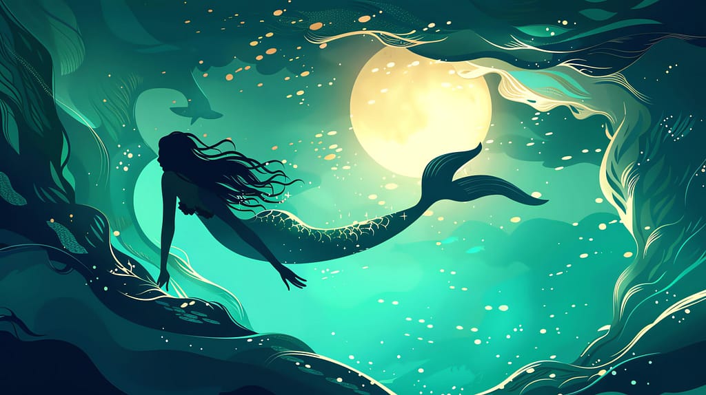 A silhouette of a mermaid swims towards the surface of the water with a full moon illuminating the scene.